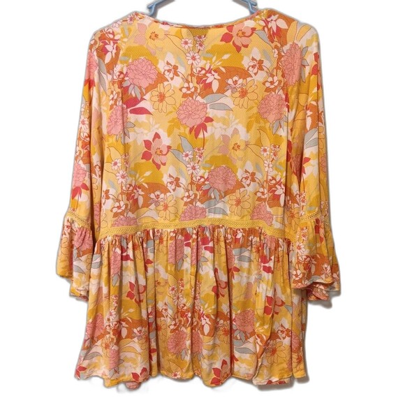 Torrid Yellow Floral Babydoll Blouse 3/4 Ruffle Sleeves Lace Trim Sz 14/16 - Picture 8 of 14
